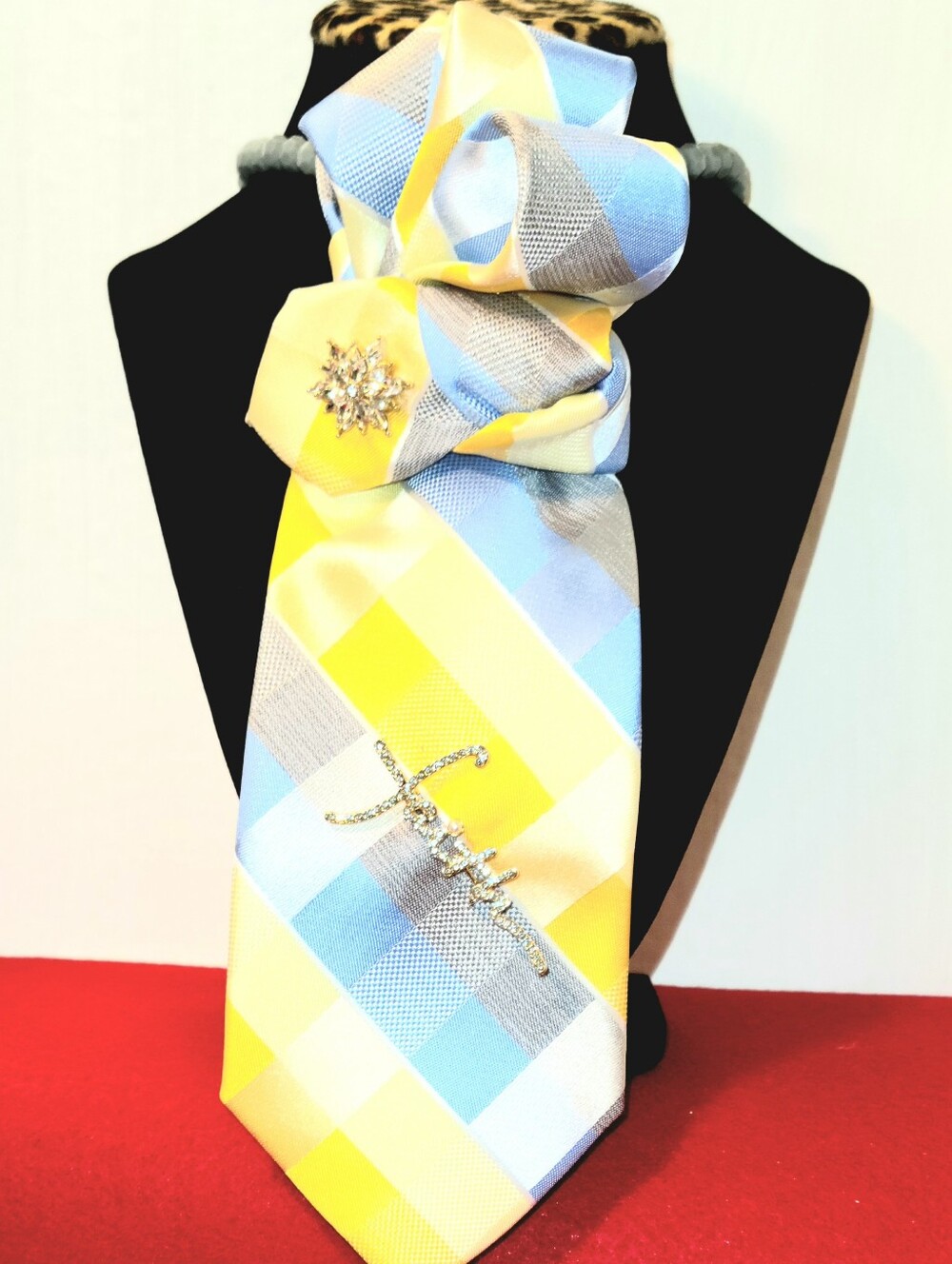 Yellow and Light Blue Checkered Women's Tie Necklace with Crystal Pin
